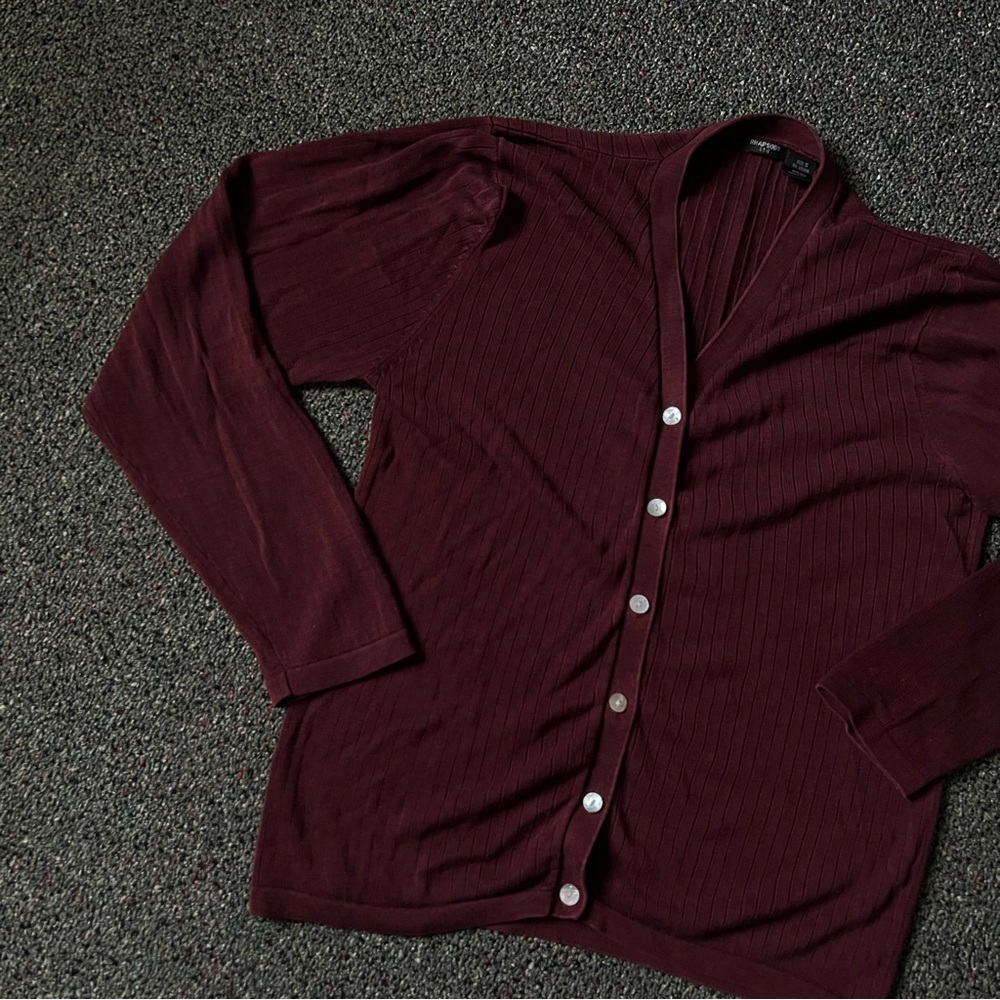 Maroon Burgundy Vintage 100% Silk Cardigan Ribbed Modest Long-Sleeve Sweater S - Picture 4 of 16